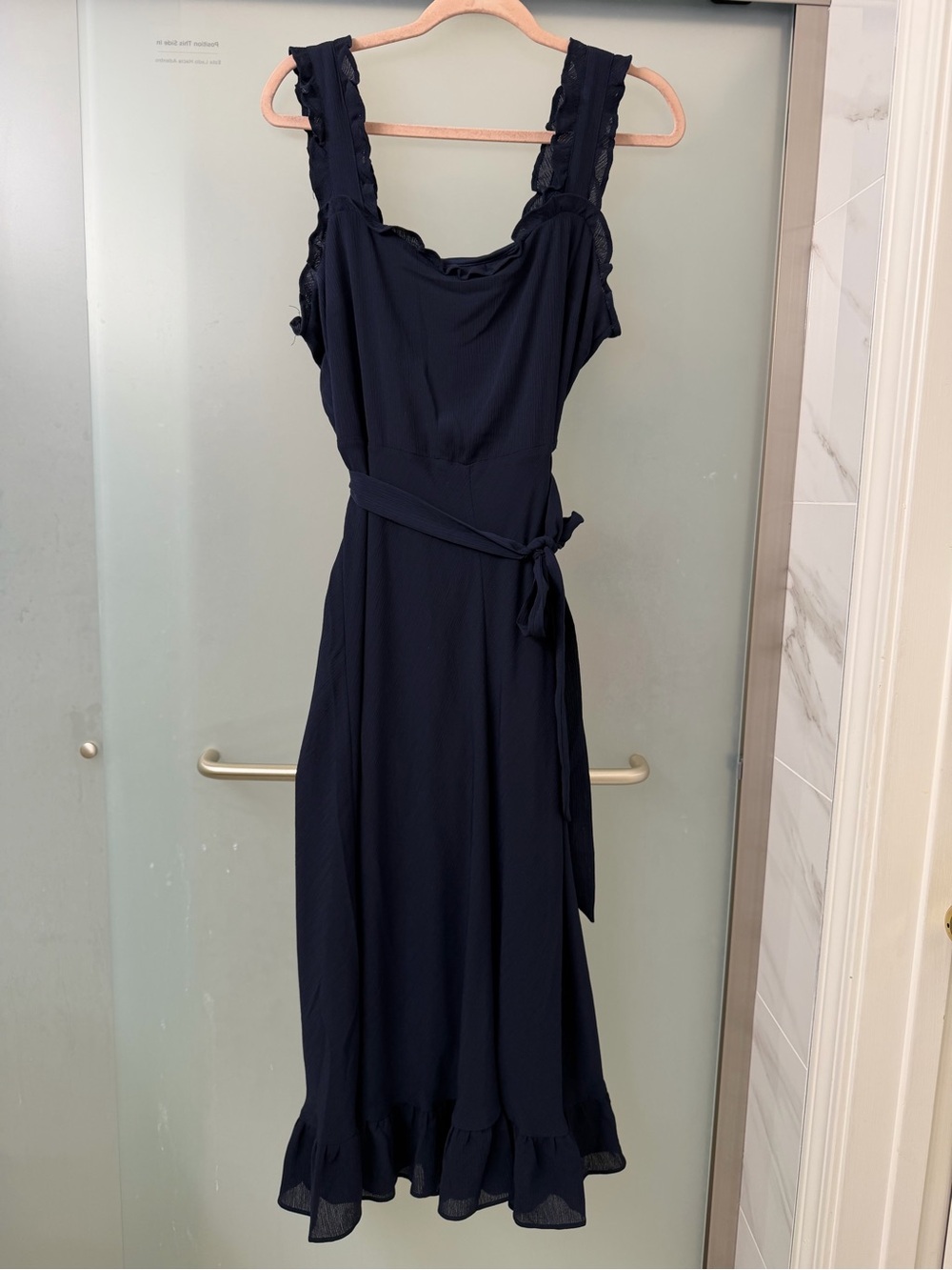 DKNY Sleeveless Ruffle-Trim Navy Dress with Tie Waist